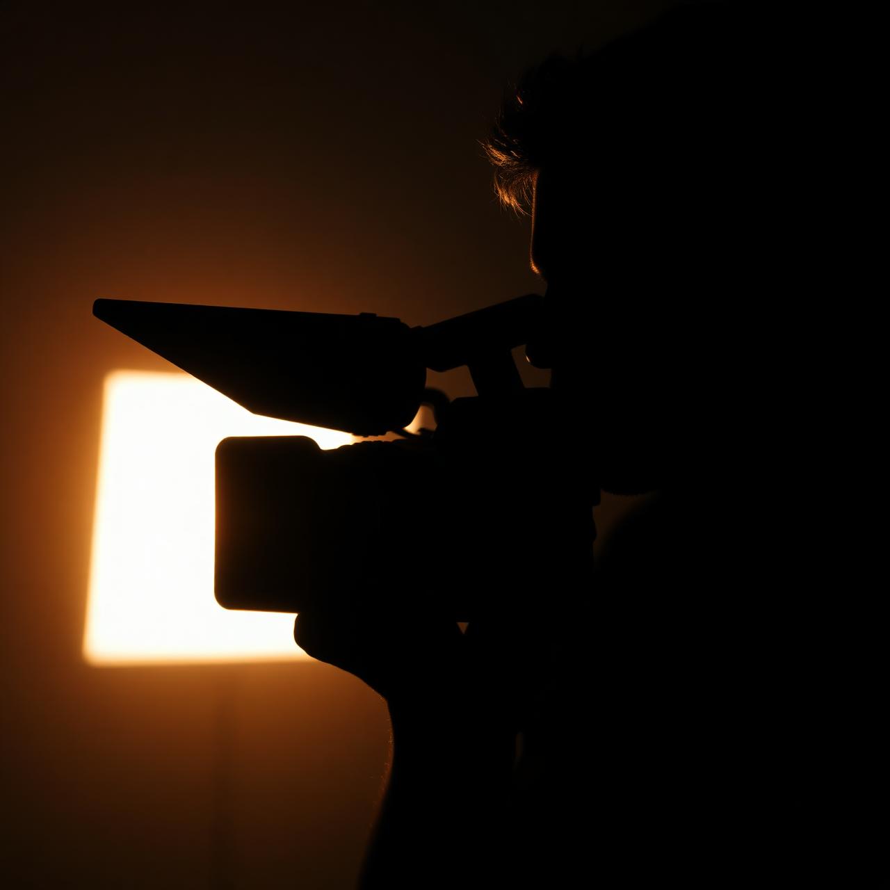 Silhouette of a camera operator framed by warm light